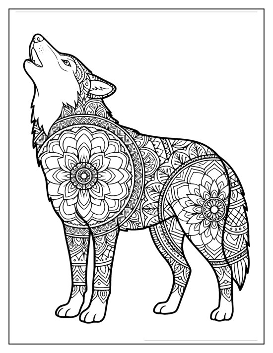 Wolf standing and howling with head raised and body mandalas, coloring sheet