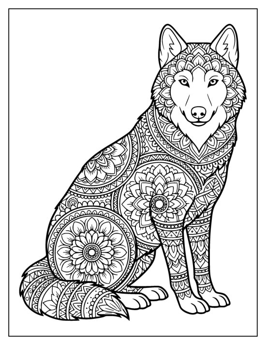 Wolf sitting in profile with a patterned body and a calm clear face, mandala