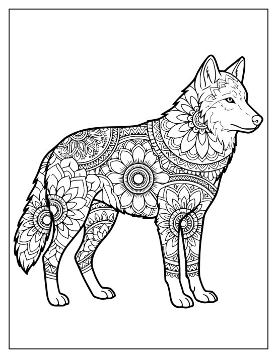 Wolf standing in profile with a lightly patterned head and large flower medallions, mandala