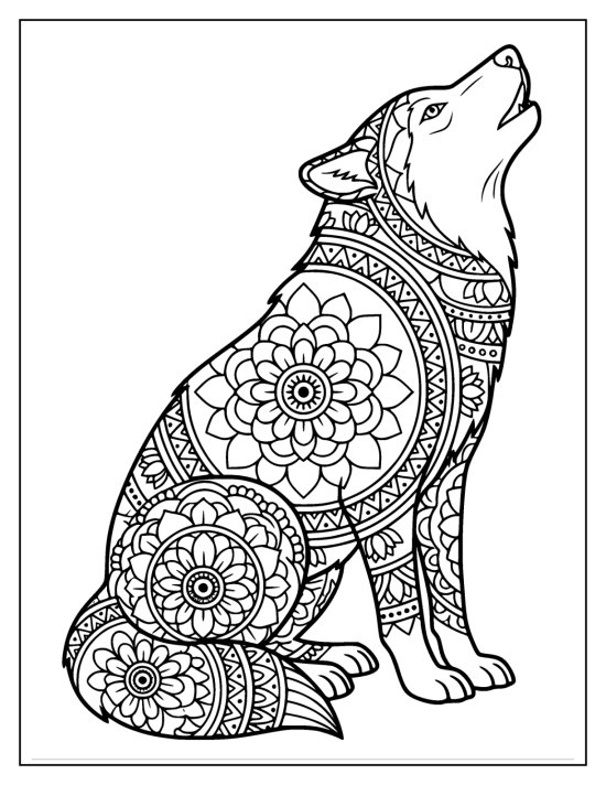 Wolf sitting and howling with concentric mandala bands and flower medallions, coloring page