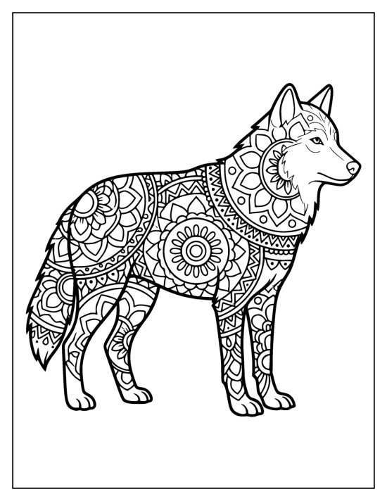 Wolf standing square in profile with mandala medallions along the body, coloring page