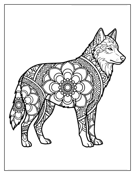 Wolf standing alert with pricked ears and petal patterns on the flank, coloring sheet