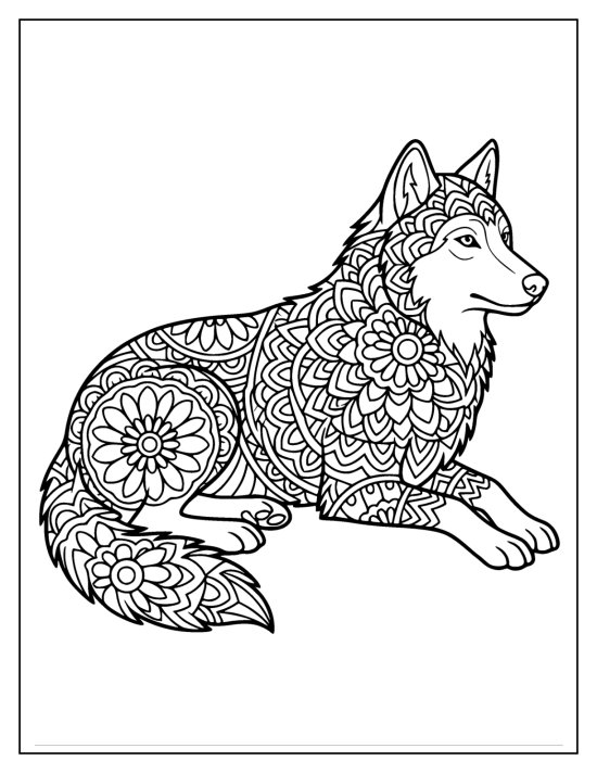 Wolf lying with forelegs forward and mandala medallions on the body, mandala