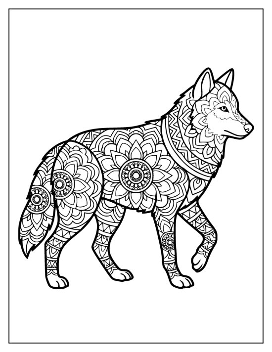 Wolf standing with one front paw lifted and mandala patterns over the body, coloring page