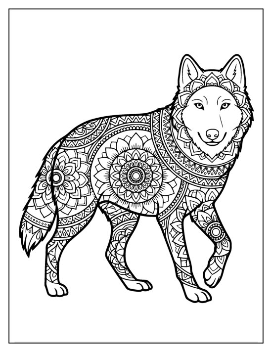 Wolf sitting and howling with concentric mandala bands down the chest, coloring sheet