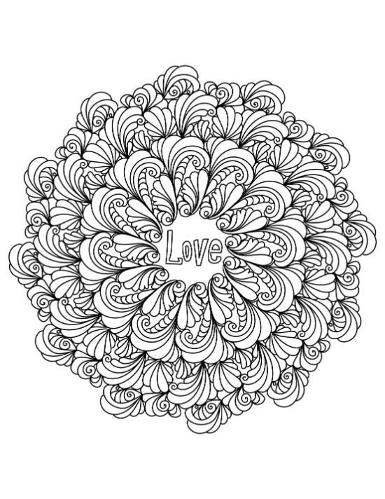 mandala with intricate swirling patterns and the word Love in the center