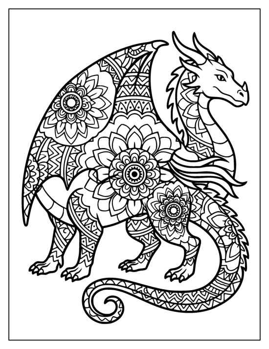 Dragon standing with wings folded and flower medallions across the body, coloring page