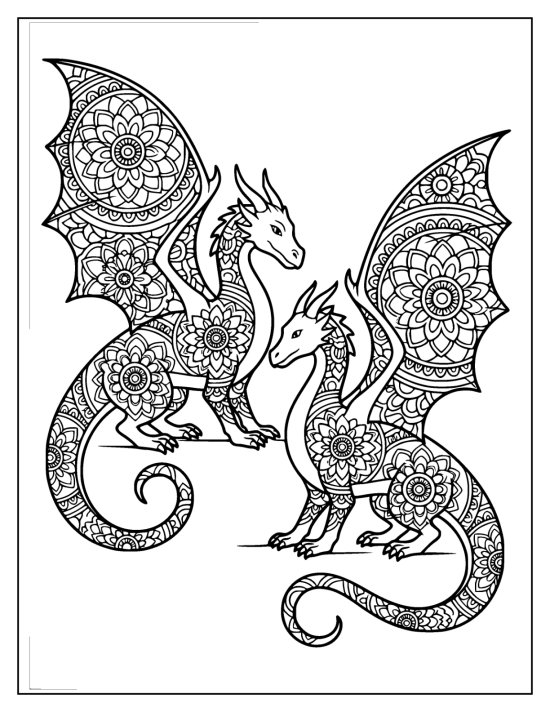 Two dragons with heads curving toward each other and patterned wings, mandala