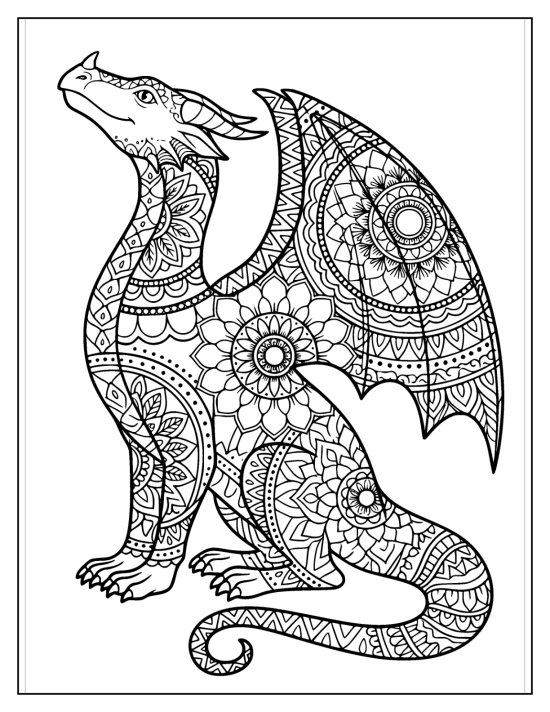 Dragon sitting with head lifted and mandala medallions on the body, coloring page