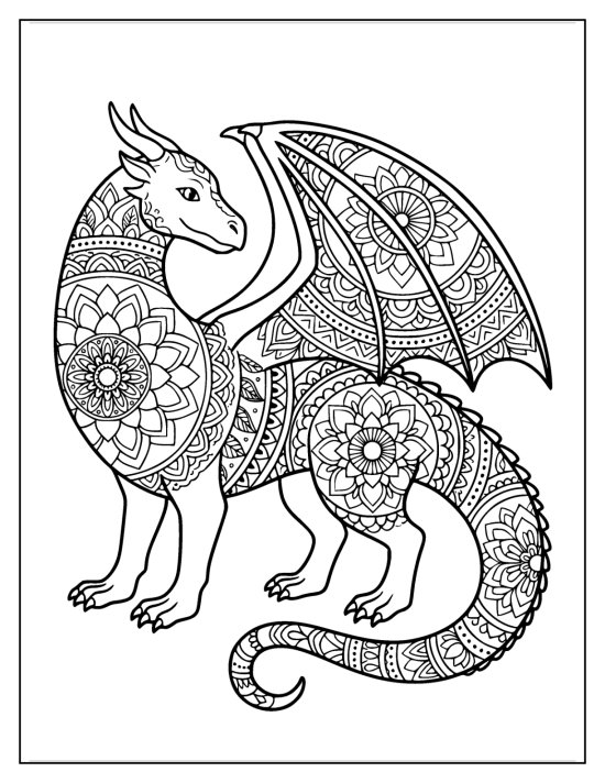 Dragon standing looking back over its shoulder with mandala wings, mandala