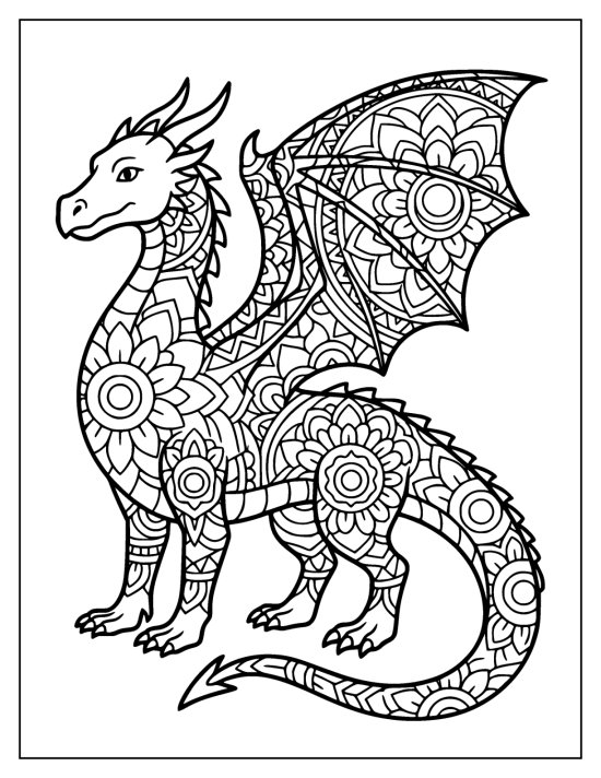 Dragon standing with wings partly open and big flower medallions, coloring page