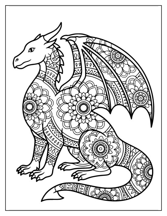 Dragon sitting with its tail curled and mandala medallions on the body, coloring sheet