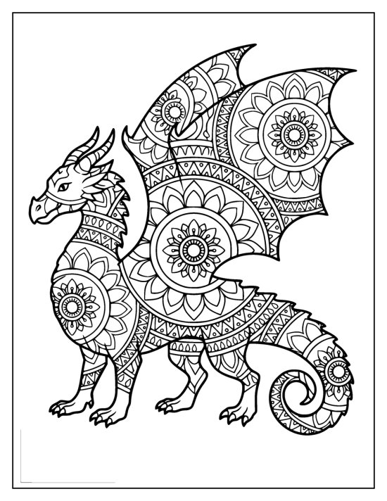 Dragon standing with wings spread wide and mandala medallions on the wing, coloring sheet
