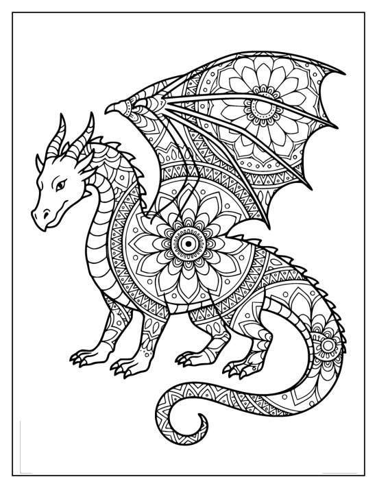 Dragon with neck lowered and wings folded and mandala medallions, coloring sheet