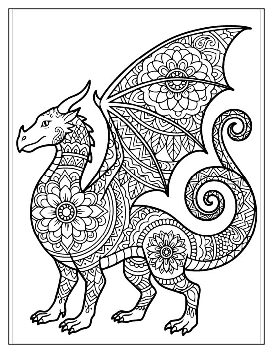 Dragon standing with the tail raised in a coil and mandala wings, mandala