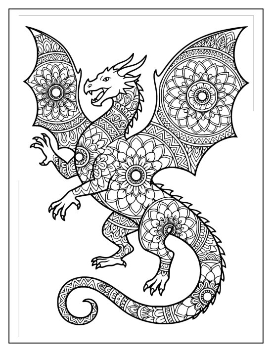 Dragon rearing with jaws open and wings spread wide and mandalas, coloring page