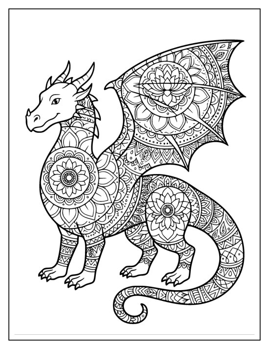 Dragon standing with wings spread and big flower medallions on the wing, coloring page