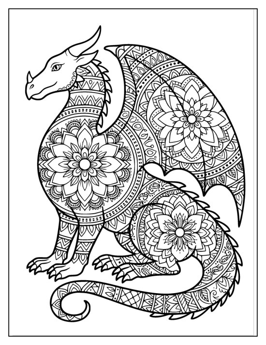 Dragon sitting with a coiling tail and mandala medallions on the body, coloring sheet