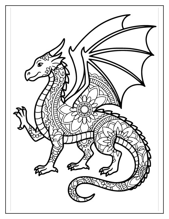 Dragon standing with one clawed foot raised and mandala patterns, coloring page