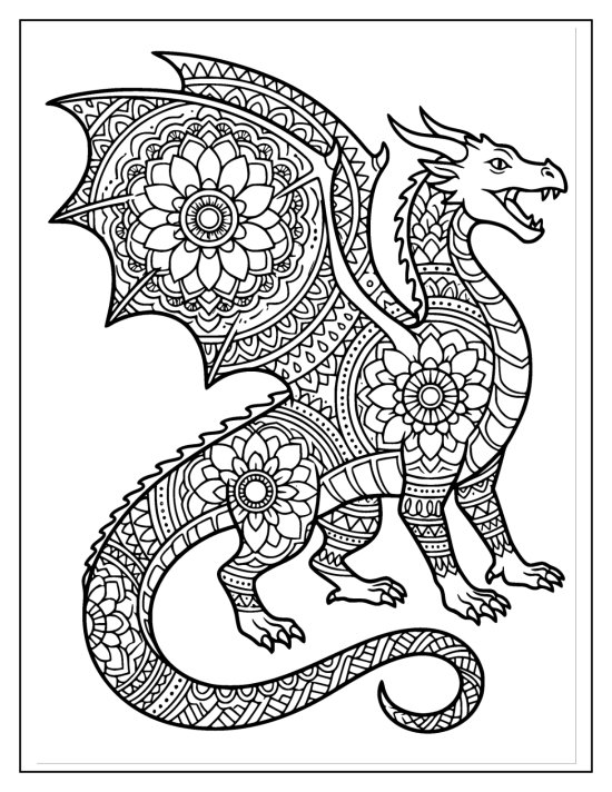 Dragon with jaws open and wings spread and concentric mandala bands, coloring sheet