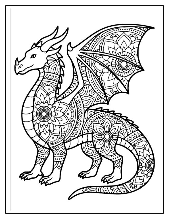 intricate dragon mandala coloring pages featuring a standing dragon with floral patterns on its wings and body, mandala