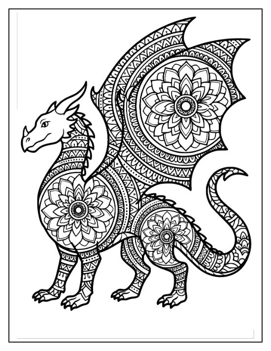 A standing dragon filled with circular floral patterns and geometric zentangle motifs, creating a complex mandala coloring page.