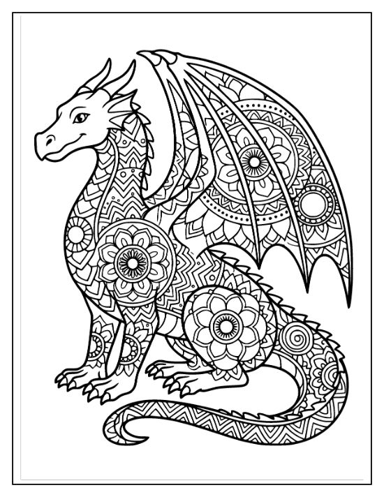 Sitting dragon with floral mandala patterns on its body and wings in a detailed coloring page.