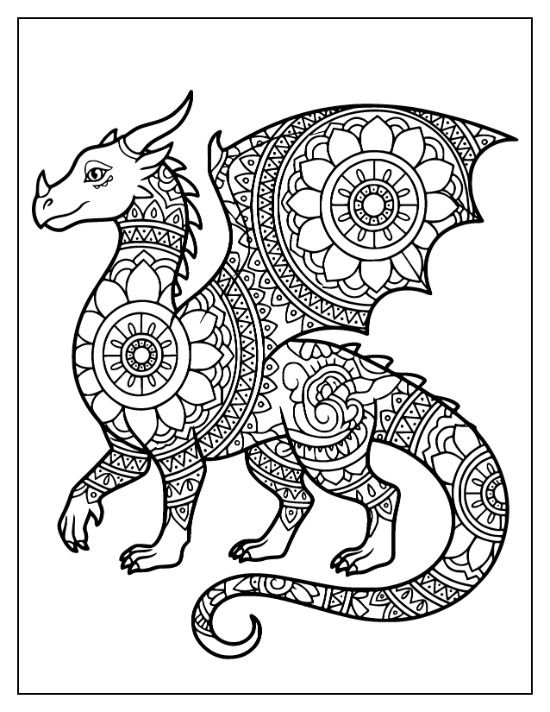 Standing dragon with circular floral patterns and geometric scales across its body and wings coloring sheet.