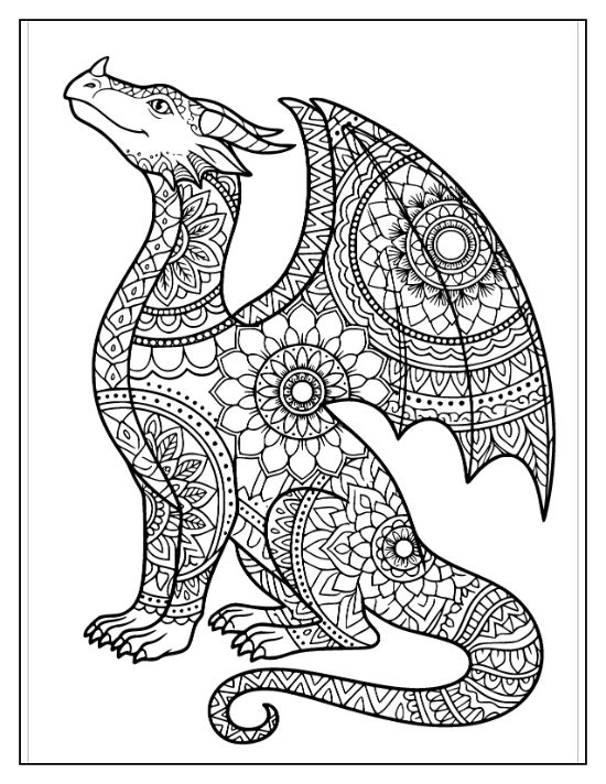 A sitting dragon filled with floral mandalas and geometric patterns in a detailed line art coloring sheet.
