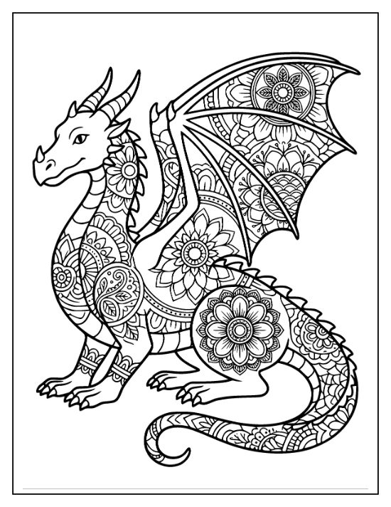 Sitting dragon with floral mandala patterns on its body, wings, and tail in a detailed coloring page.