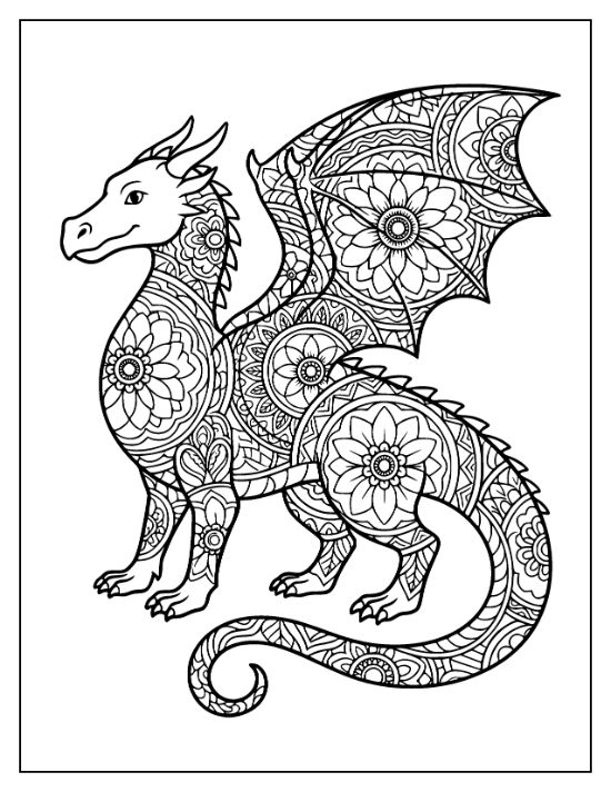 A standing dragon features floral mandalas and geometric patterns across its body and wings in this coloring sheet.