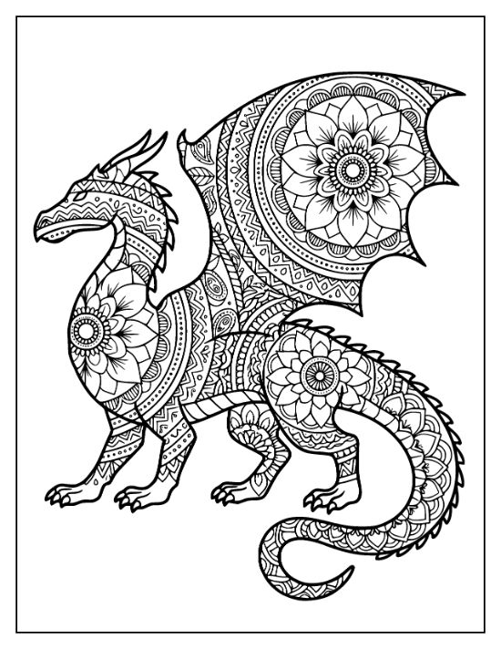 A standing dragon filled with dense floral patterns and geometric shapes in a zentangle style coloring sheet.