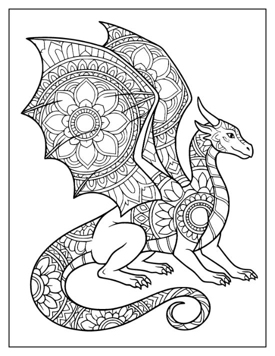 A seated dragon features large wings and a long tail filled with dense floral mandala patterns coloring sheet.