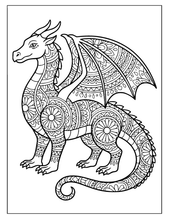 A standing dragon with floral mandala patterns on its body and wings in a detailed coloring page.