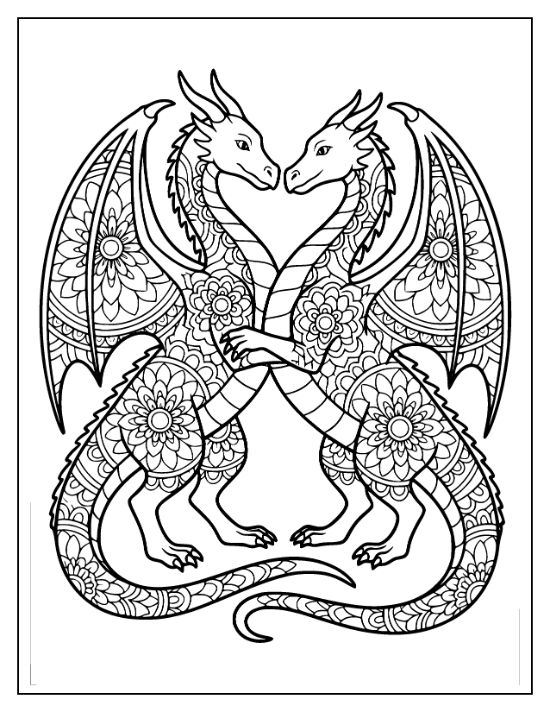 Two symmetrical dragons face each other with bodies filled by dense floral patterns in this coloring sheet.