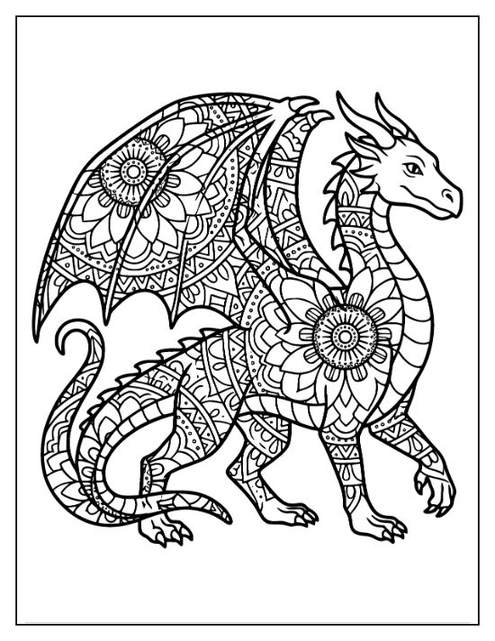 A standing dragon with floral mandala patterns on its wings and body in a detailed coloring sheet.