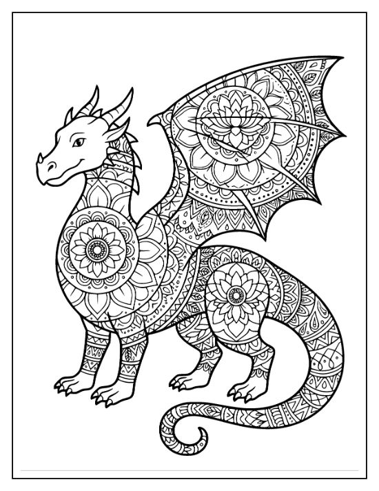 A standing dragon features floral mandala patterns across its body, wings, and curled tail in this coloring page.