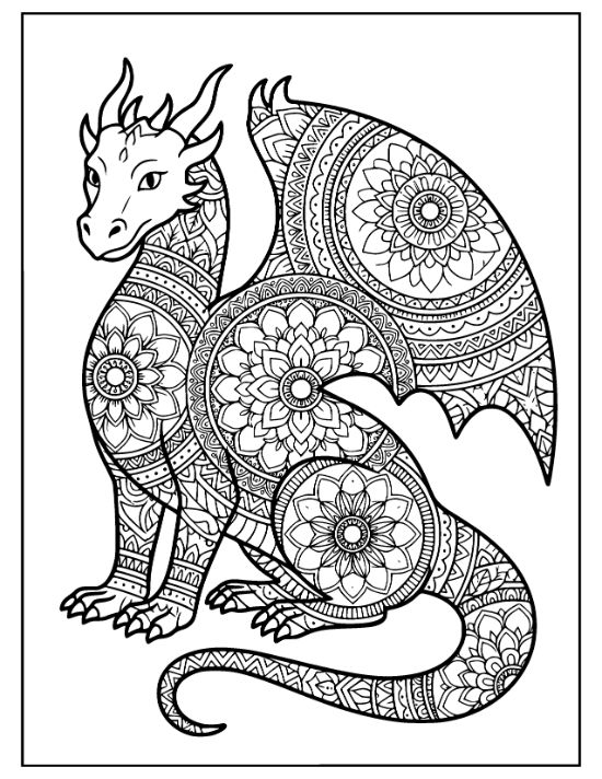 A sitting dragon features floral patterns and circular motifs across its body and wings for a coloring sheet.