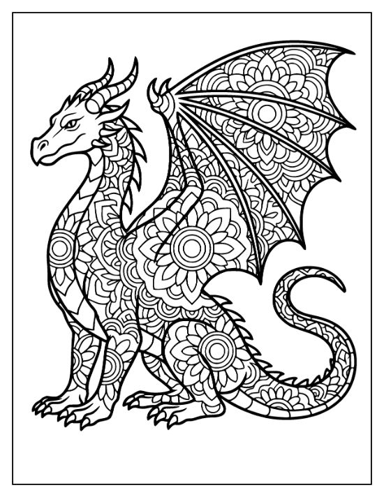 A seated dragon with wings and body filled with dense floral mandala patterns for a coloring sheet.