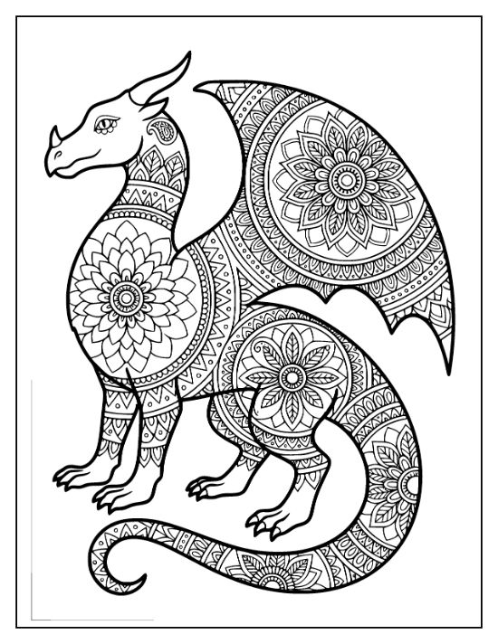 A standing dragon covered in floral patterns and geometric shapes with a large circular mandala on its wing.
