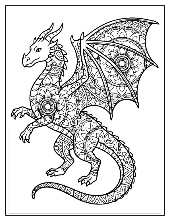 A standing dragon with floral circular patterns and geometric scales across its body and wings coloring sheet.
