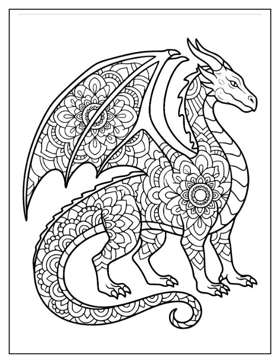 A standing dragon with floral circular patterns on its body and wings in a detailed mandala coloring sheet.