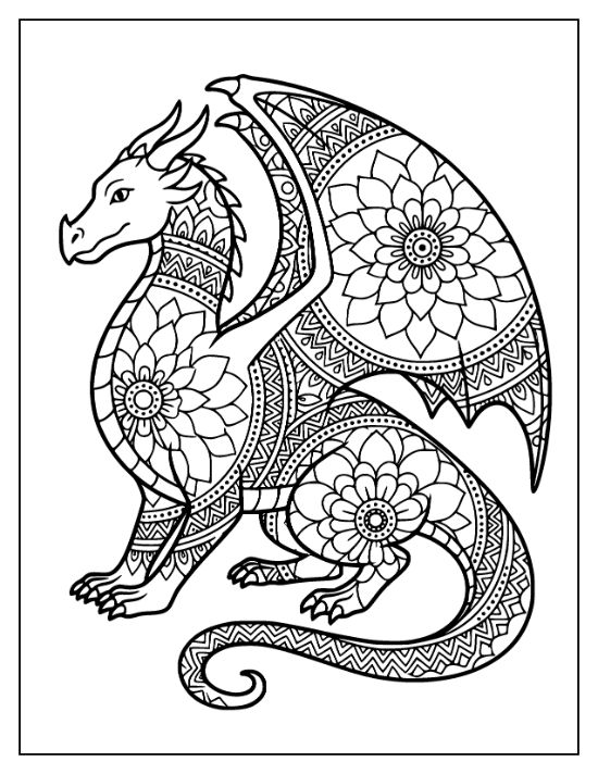 A seated dragon with floral mandala patterns on its wings and body in a detailed coloring page.
