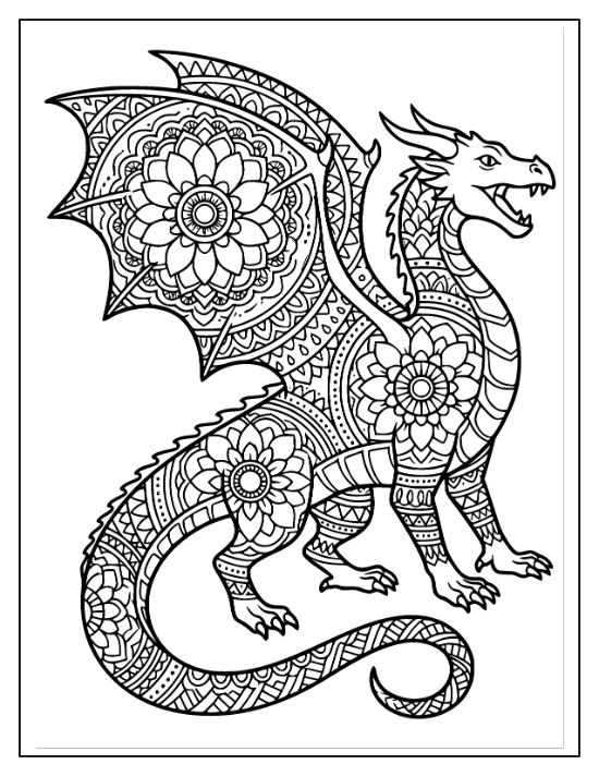 Ornate dragon with floral mandala patterns on its wings and body in a detailed line art.