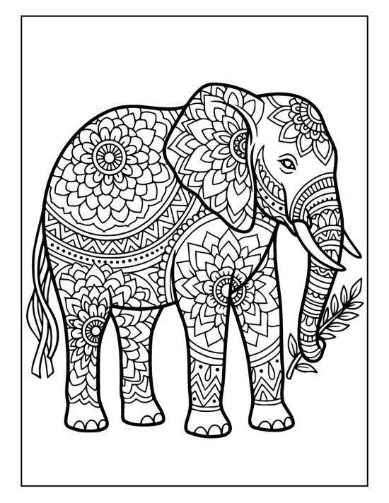 Elephant holding a leafy branch in its trunk with bold body medallions, coloring sheet