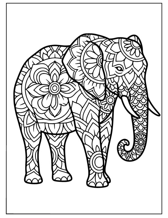 Elephant with trunk curled into a spiral and concentric flower medallions, coloring page