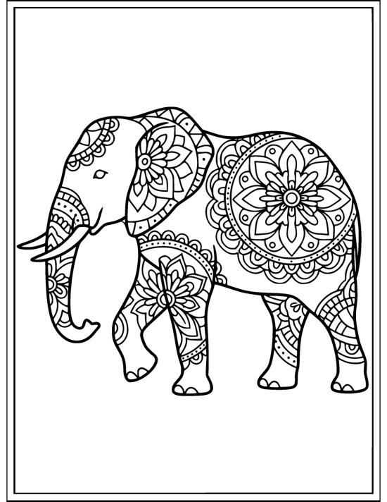 Walking elephant with one front leg lifted and ringed petal legs, coloring sheet