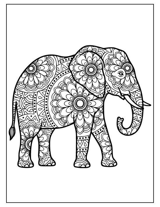 Elephant lifting its trunk to a lotus bud with large body medallions, mandala