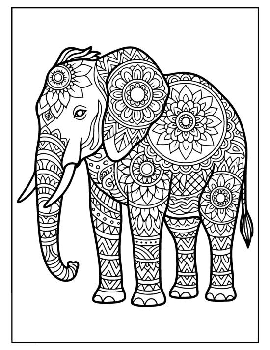Calm standing elephant with trunk resting down and even petal rings, coloring page