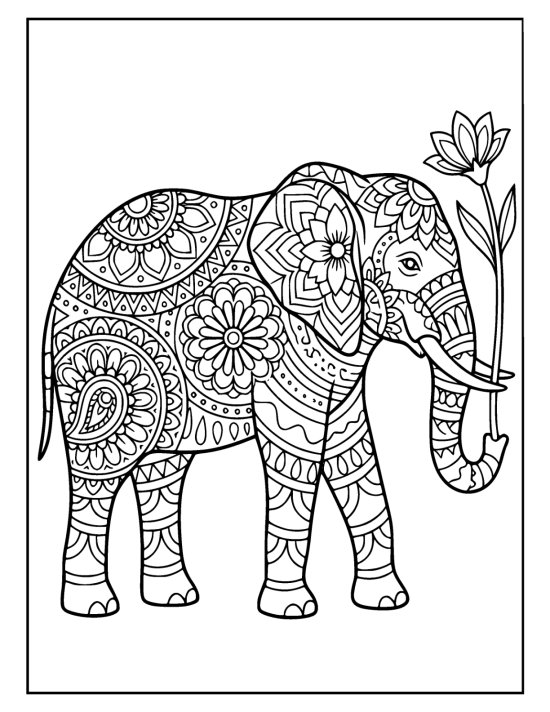 Elephant reaching its trunk up to a tall flower with patterned body, coloring sheet
